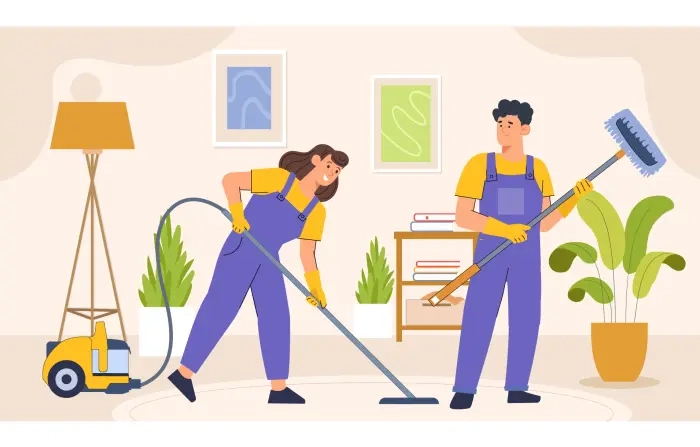 cartoon concept art with housekeeping services cleaners character illustration 700